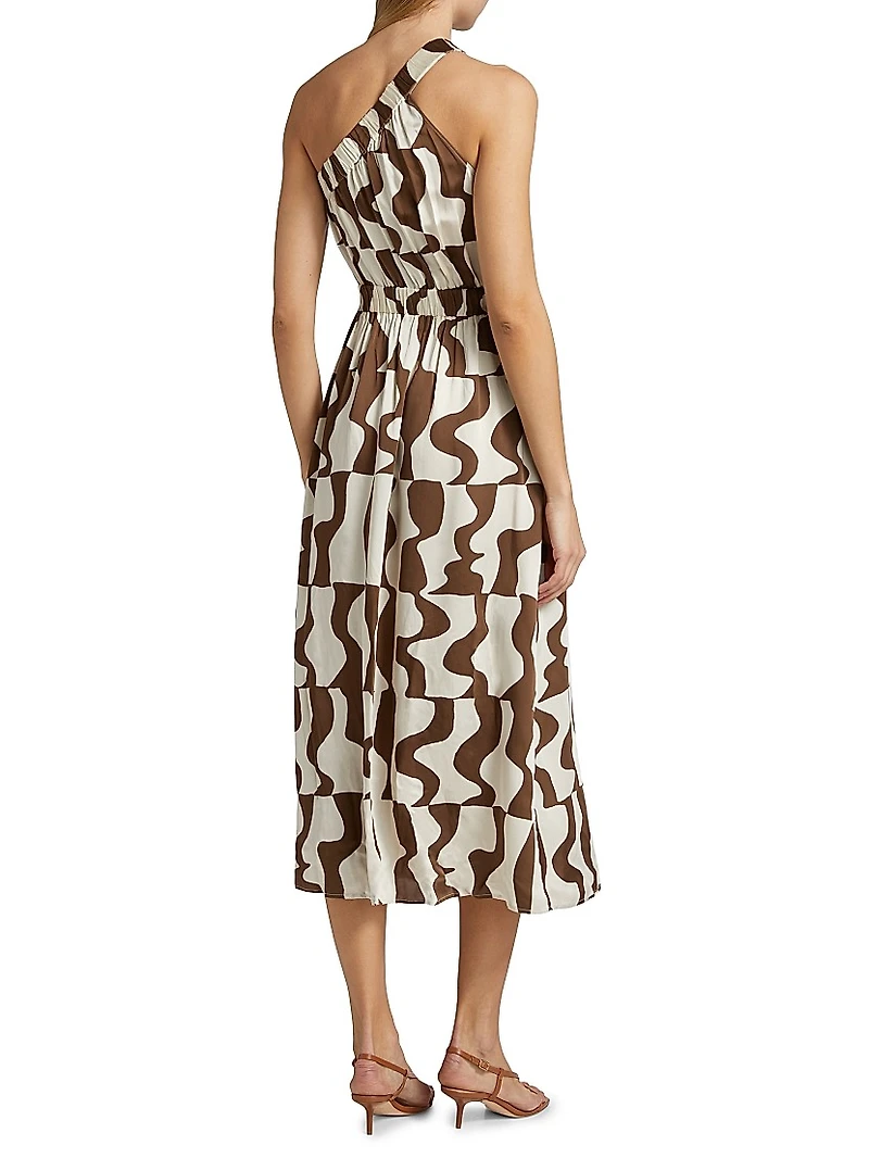 India Abstract Crepe Elasticized One-Shoulder Midi-Dress