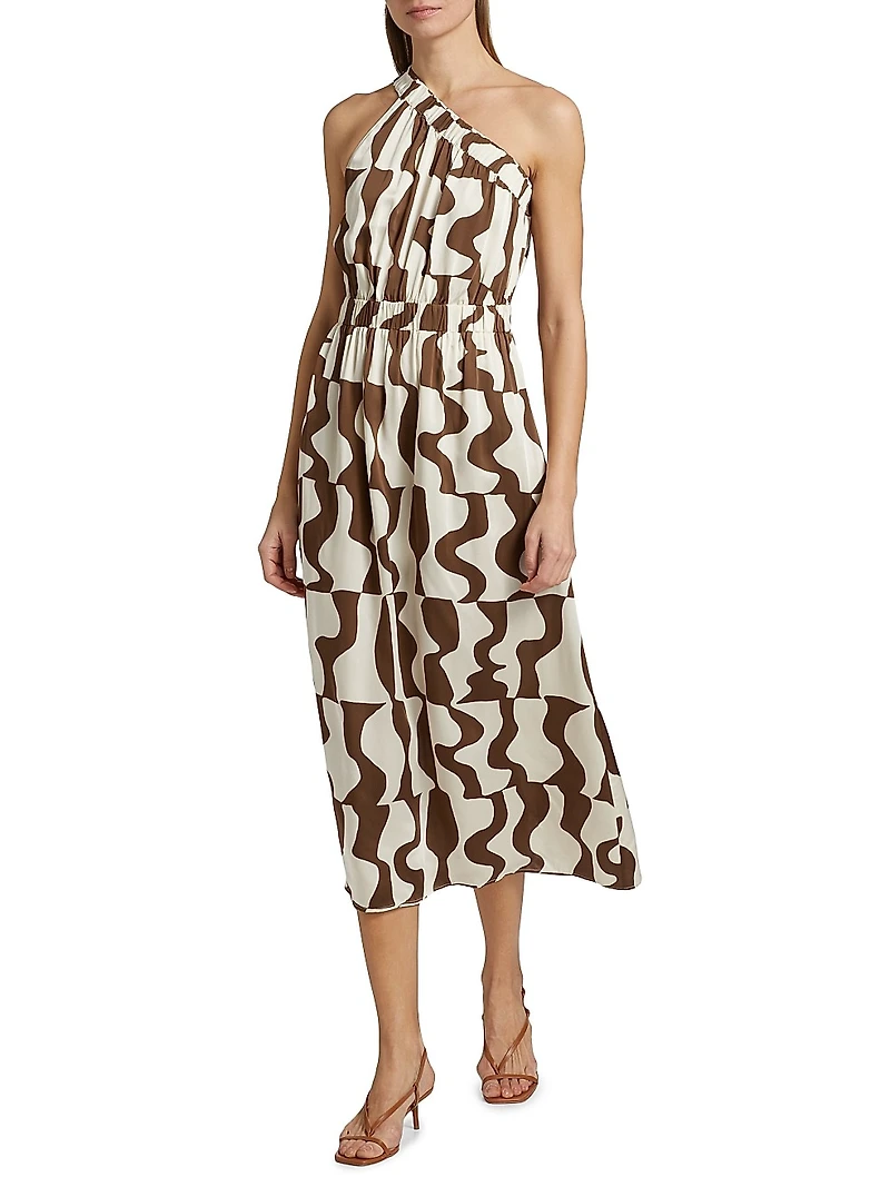 India Abstract Crepe Elasticized One-Shoulder Midi-Dress