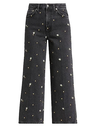 Getty Floral-Embroidered Wide-Leg Crop Jeans