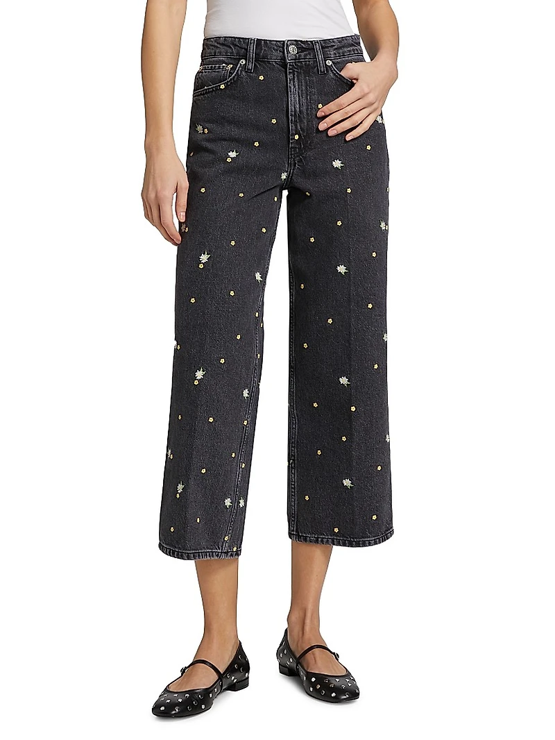 Getty Floral-Embroidered Wide-Leg Crop Jeans