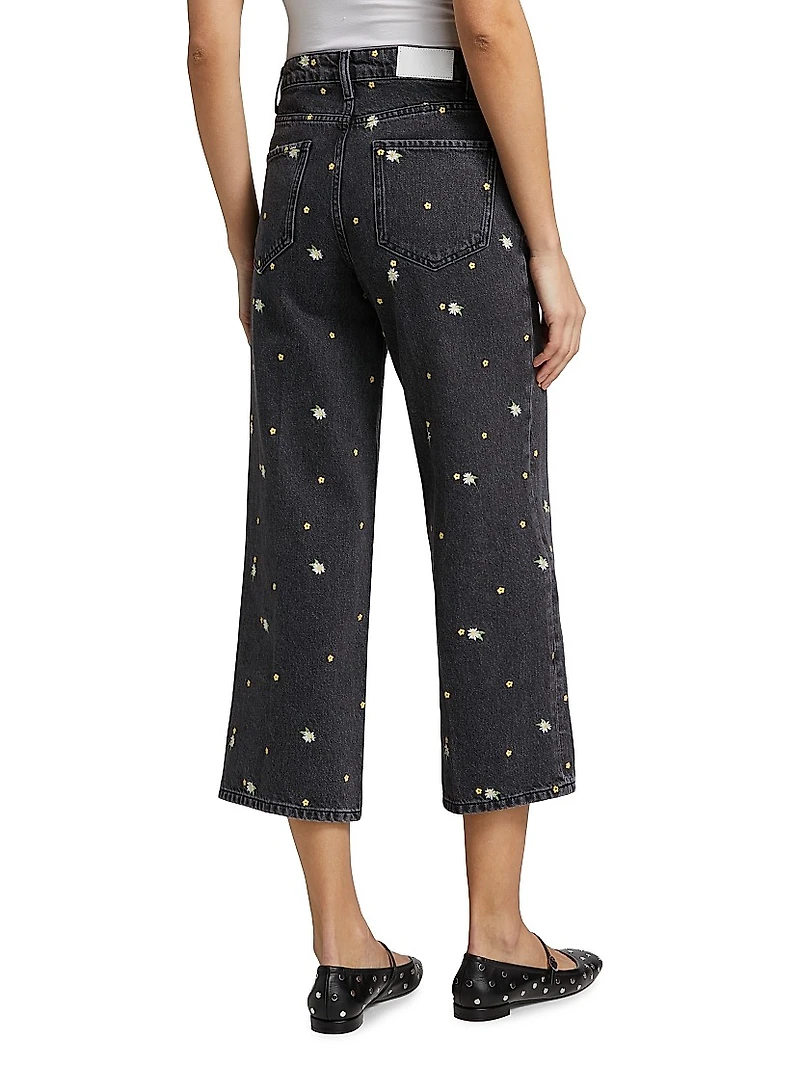 Getty Floral-Embroidered Wide-Leg Crop Jeans