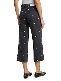 Getty Floral-Embroidered Wide-Leg Crop Jeans