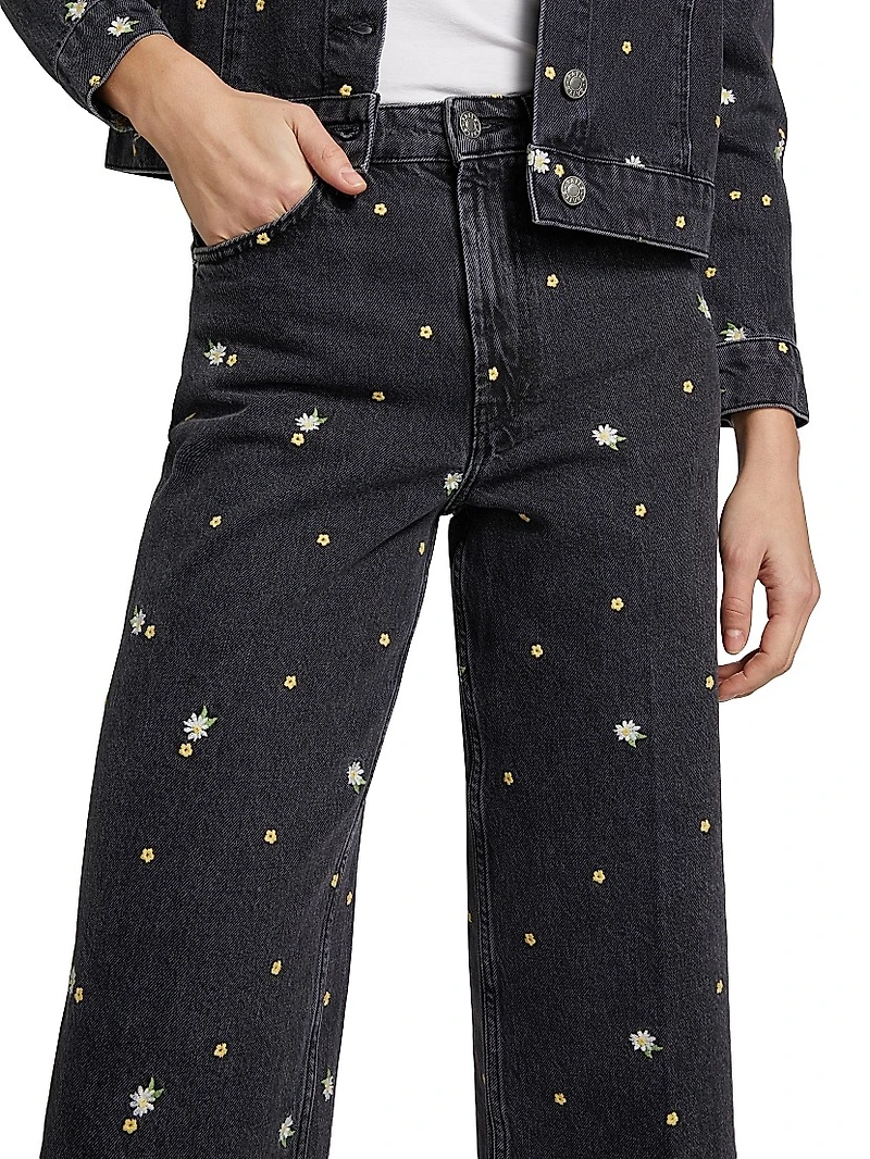 Getty Floral-Embroidered Wide-Leg Crop Jeans