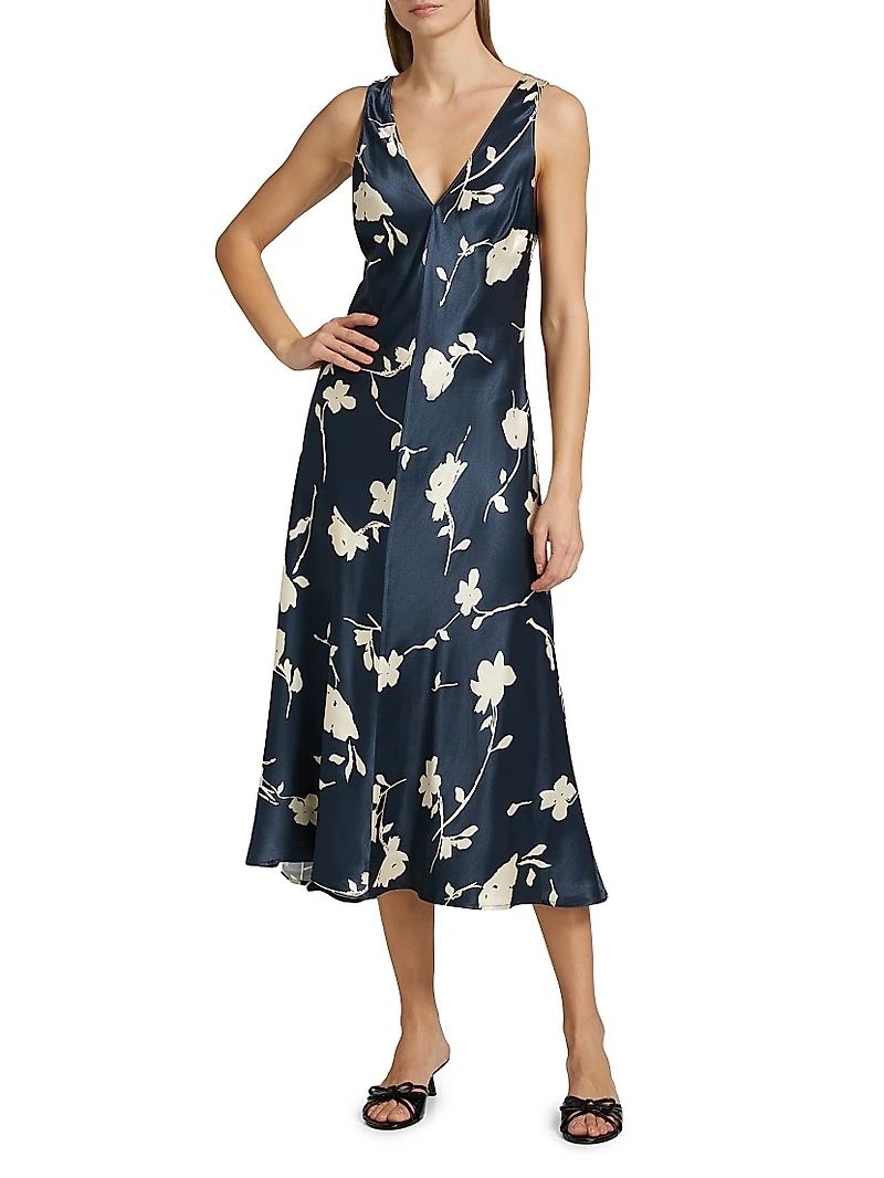 Camellia Floral Satin Midi-Dress