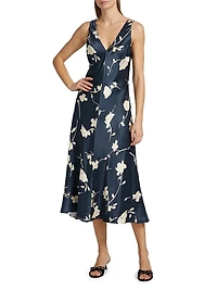 Camellia Floral Satin Midi-Dress
