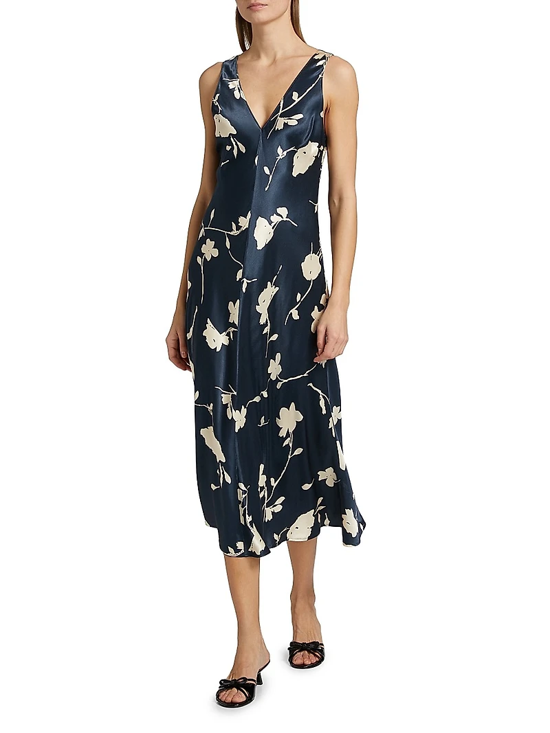 Camellia Floral Satin Midi-Dress