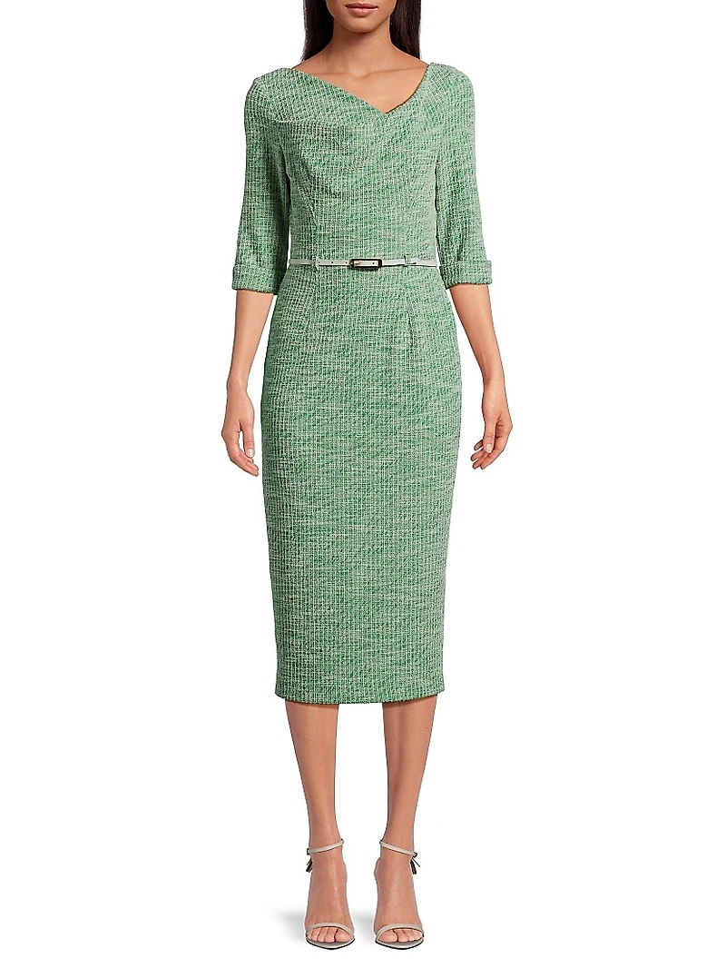 Jackie Knit Three-Quarter-Length Sleeve Belted Midi-Dress