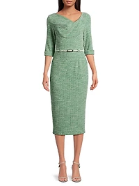 Jackie Knit Three-Quarter-Length Sleeve Belted Midi-Dress