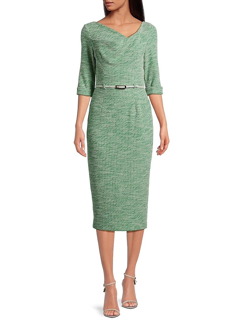 Jackie Knit Three-Quarter-Length Sleeve Belted Midi-Dress