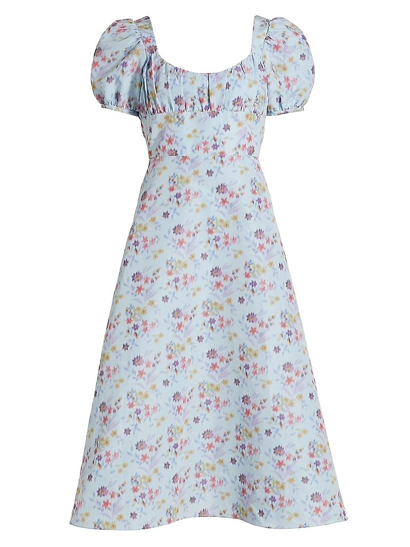 Elora Floral Puff-Sleeve A-Line Midi-Dress