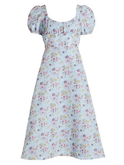 Elora Floral Puff-Sleeve A-Line Midi-Dress