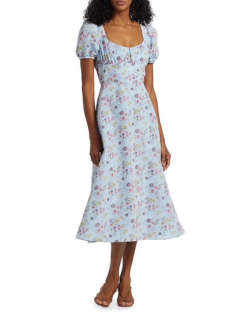 Elora Floral Puff-Sleeve A-Line Midi-Dress