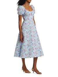 Elora Floral Puff-Sleeve A-Line Midi-Dress