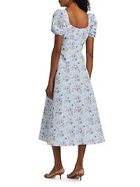 Elora Floral Puff-Sleeve A-Line Midi-Dress