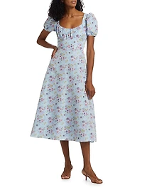 Elora Floral Puff-Sleeve A-Line Midi-Dress