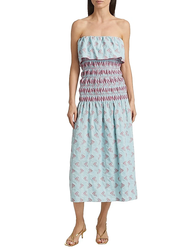 Ashton Floral Smocked Cotton-Blend Strapless Dress