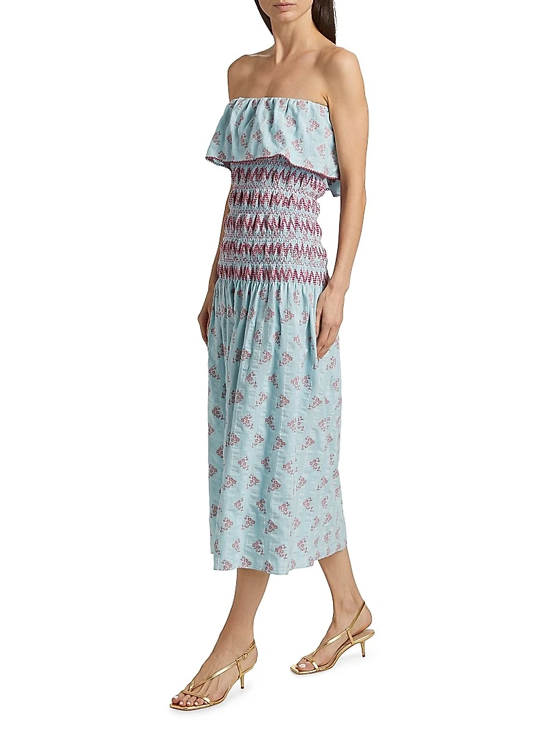 Ashton Floral Smocked Cotton-Blend Strapless Dress