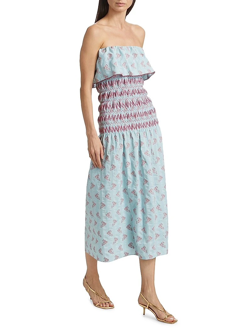 Ashton Floral Smocked Cotton-Blend Strapless Dress