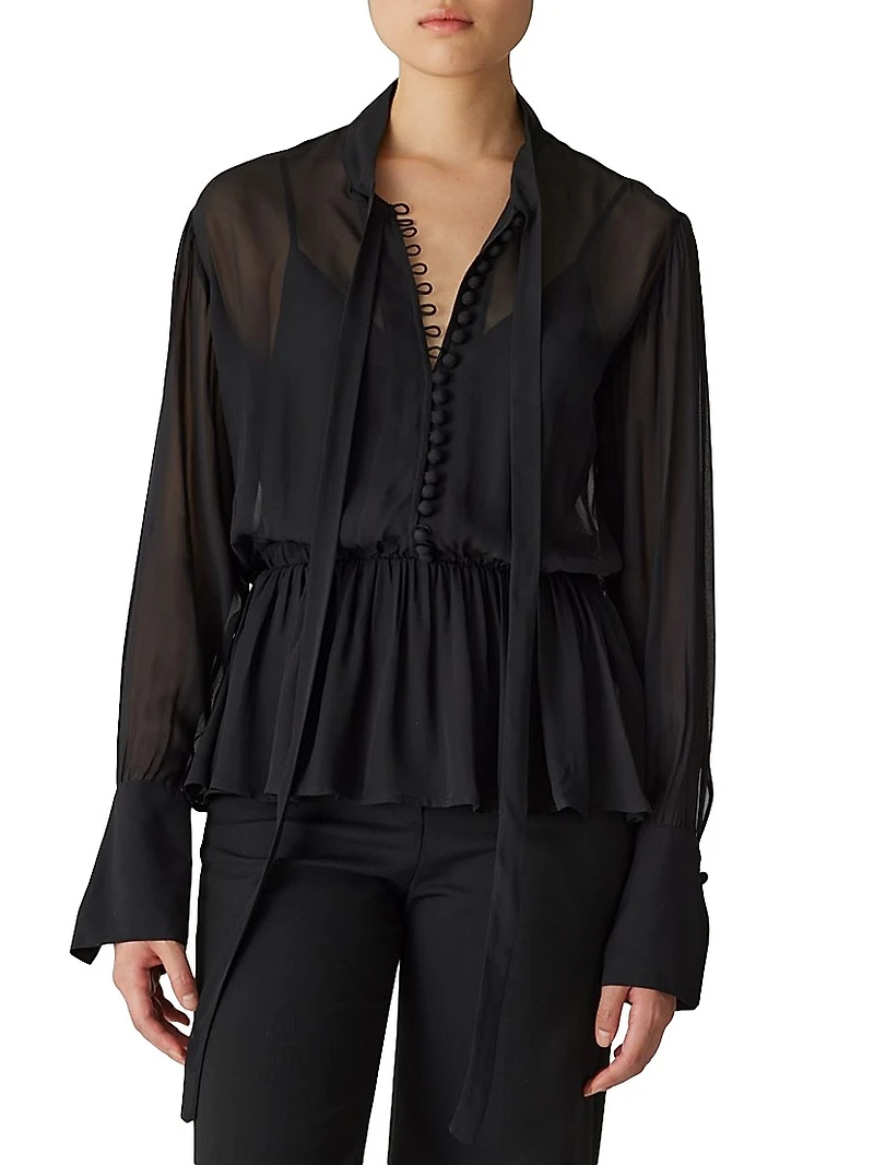 Tieneck Button-Front Blouse