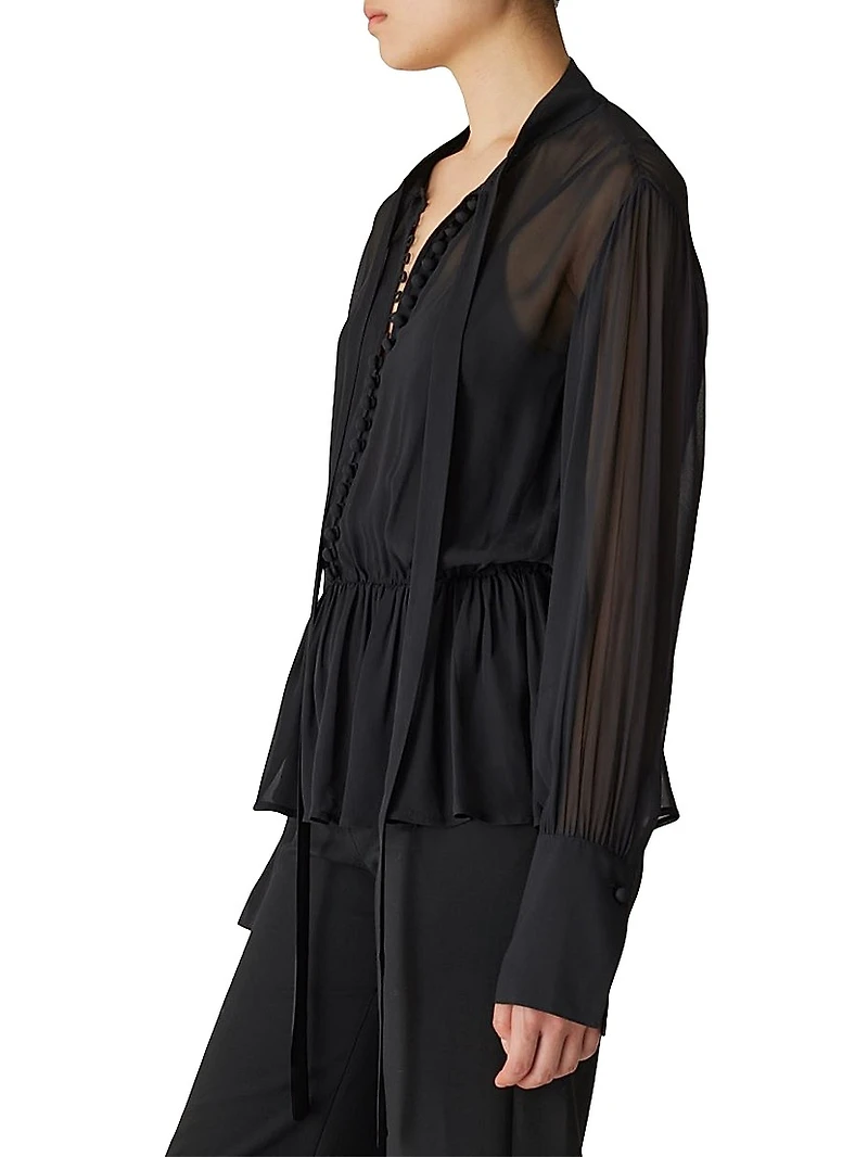 Tieneck Button-Front Blouse