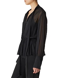 Tieneck Button-Front Blouse