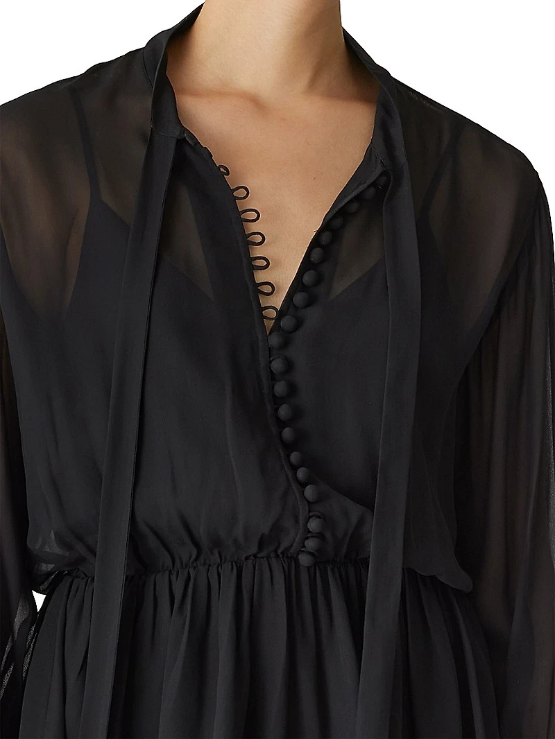 Tieneck Button-Front Blouse