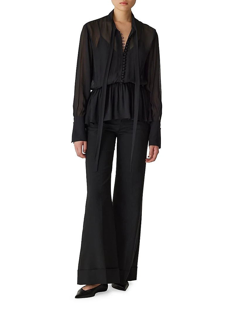 Tieneck Button-Front Blouse