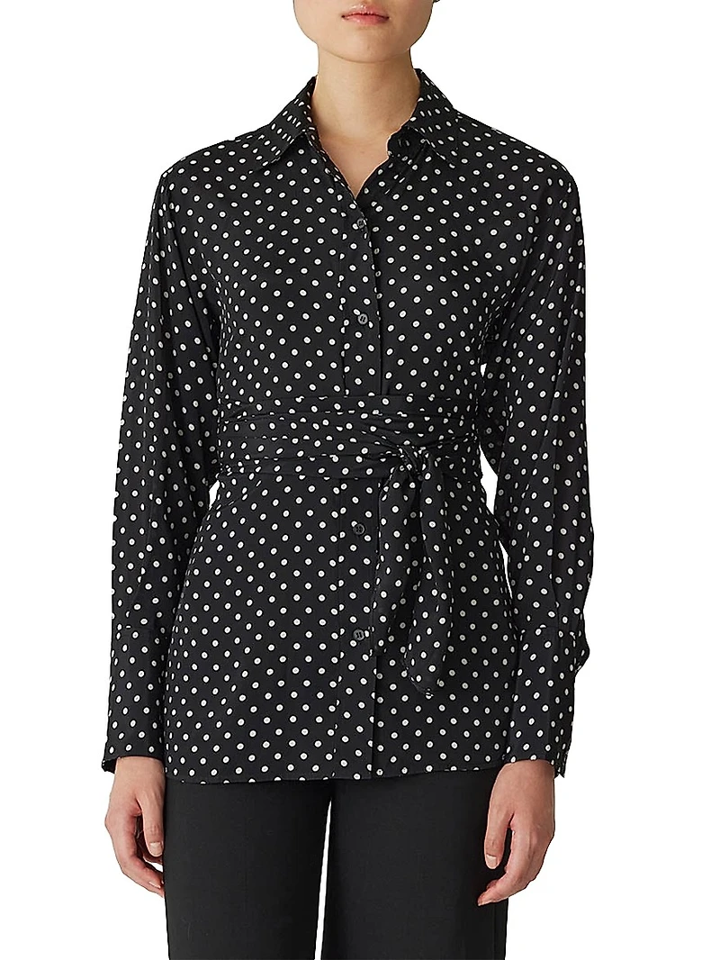 Polka Dot Silk-Blend Wrap-Waist Shirt