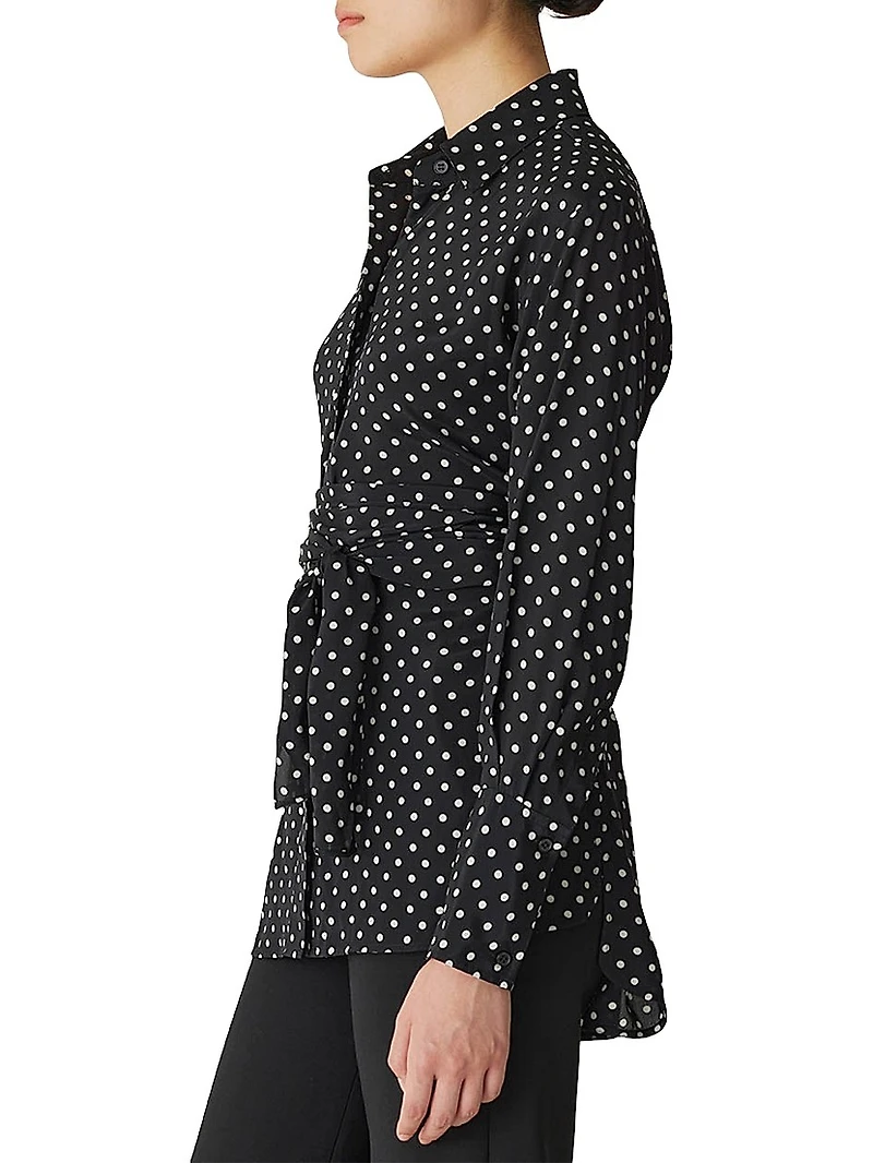Polka Dot Silk-Blend Wrap-Waist Shirt