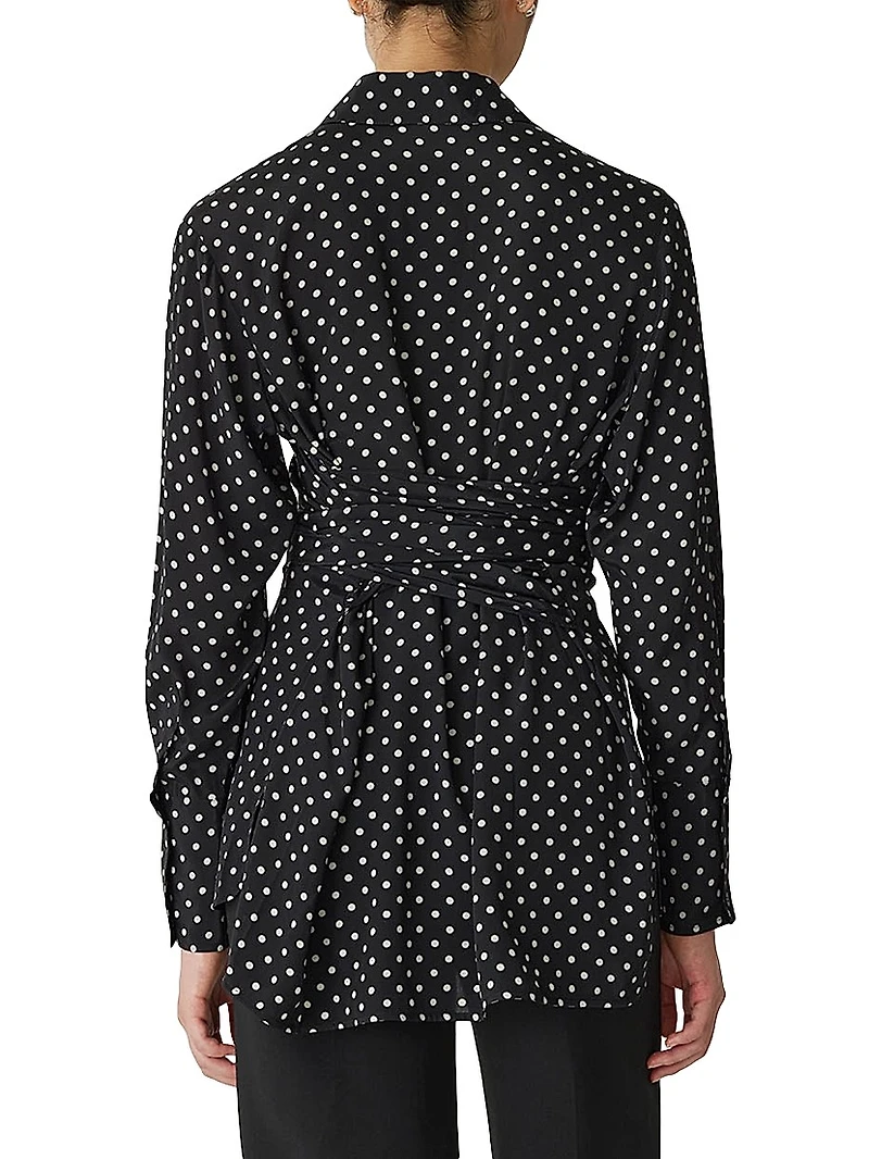 Polka Dot Silk-Blend Wrap-Waist Shirt