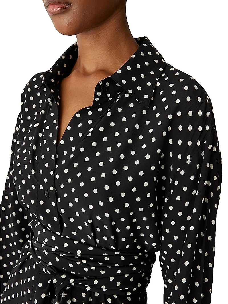 Polka Dot Silk-Blend Wrap-Waist Shirt