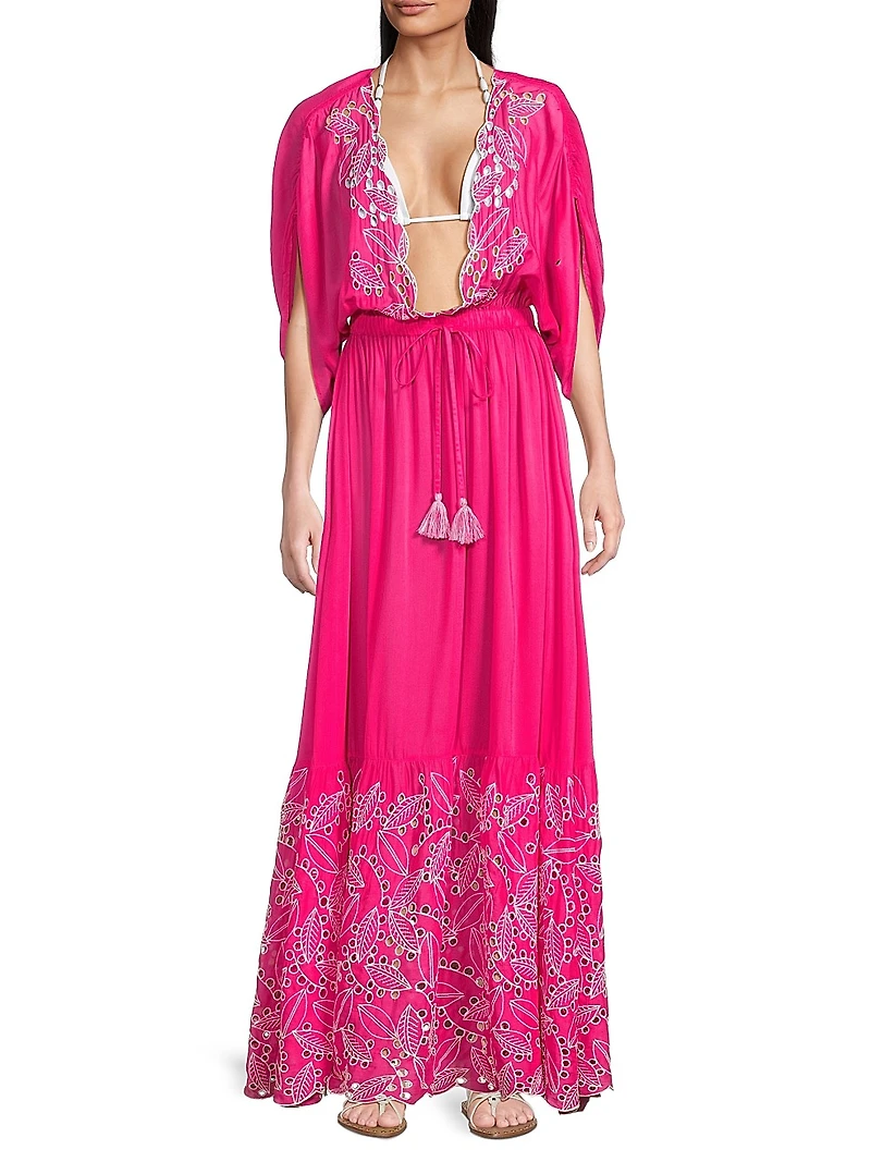 Layshia Eyelet-Trim Plunge Neck Maxi Dress