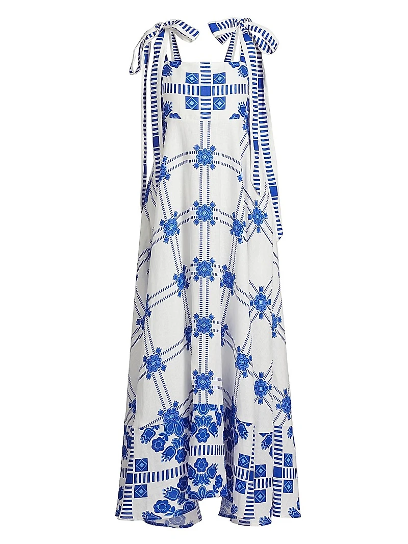 Pippa Tie-Straps Printed Linen Maxi Dress