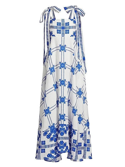 Pippa Tie-Straps Printed Linen Maxi Dress