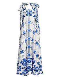 Pippa Tie-Straps Printed Linen Maxi Dress