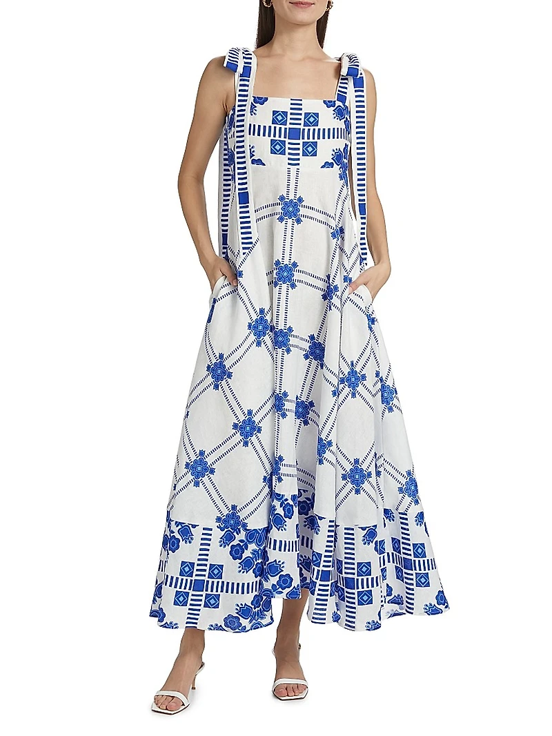 Pippa Tie-Straps Printed Linen Maxi Dress