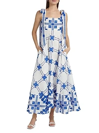 Pippa Tie-Straps Printed Linen Maxi Dress