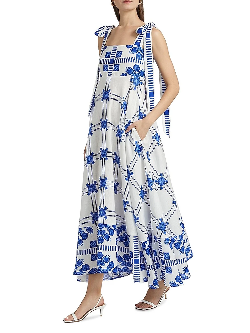 Pippa Tie-Straps Printed Linen Maxi Dress