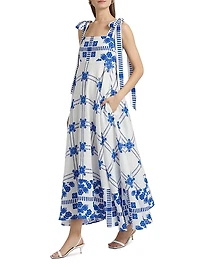 Pippa Tie-Straps Printed Linen Maxi Dress