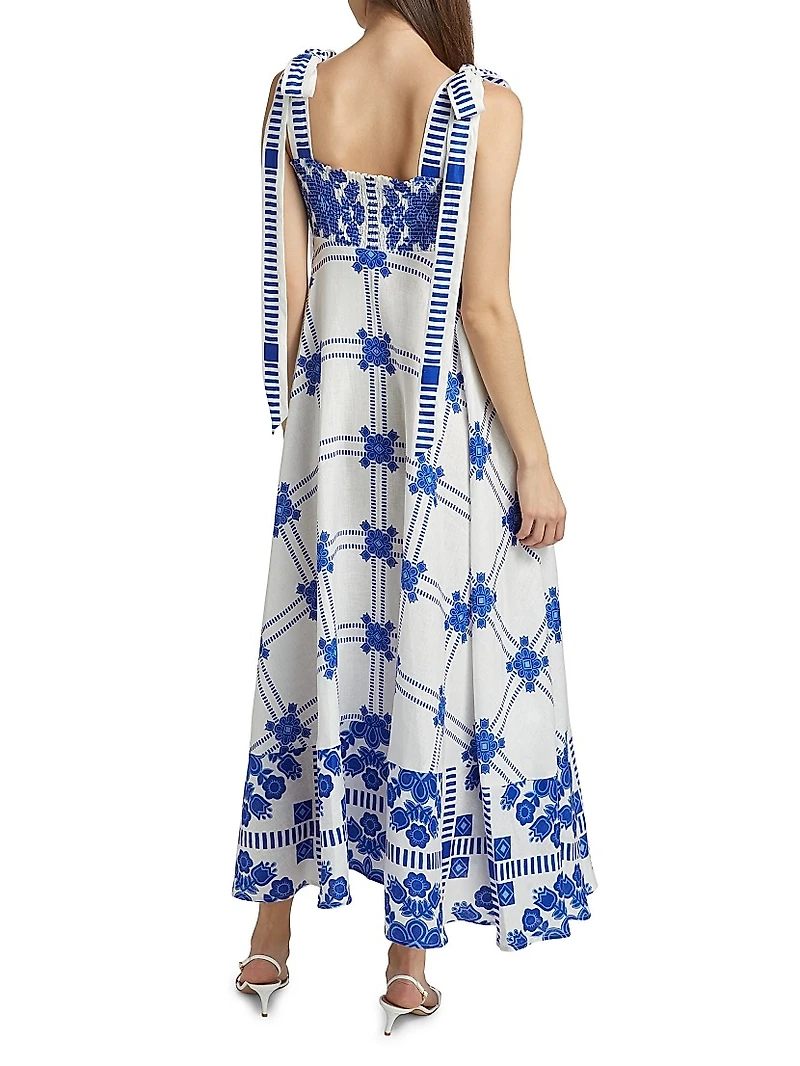 Pippa Tie-Straps Printed Linen Maxi Dress