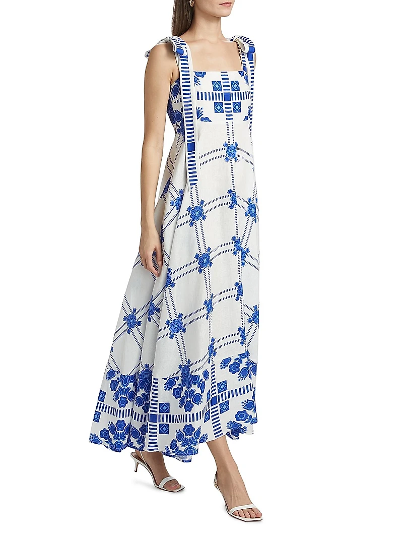 Pippa Tie-Straps Printed Linen Maxi Dress
