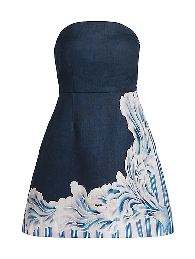 Beatrix Printed Linen Strapless A-Line Minidress