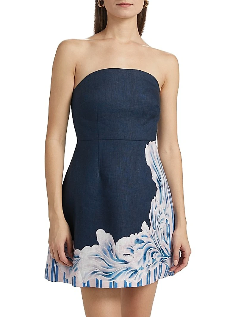 Beatrix Printed Linen Strapless A-Line Minidress