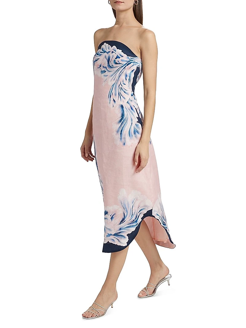 Maeve Printed Linen Strapless Midi Dress
