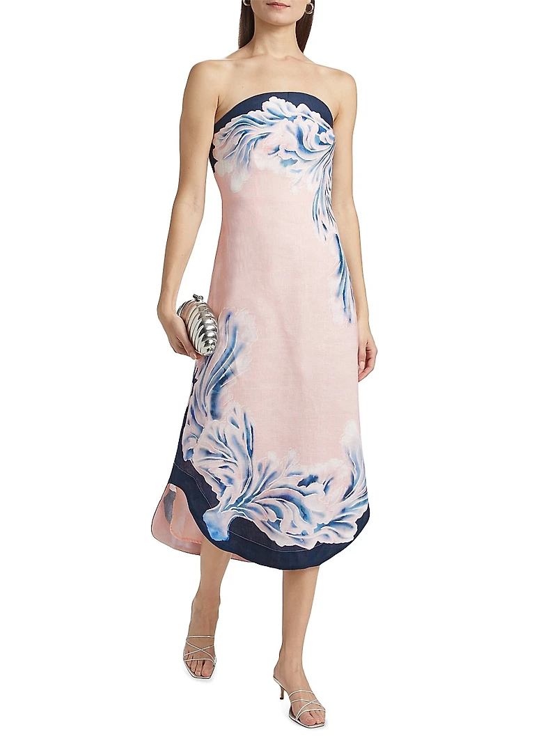 Maeve Printed Linen Strapless Midi Dress