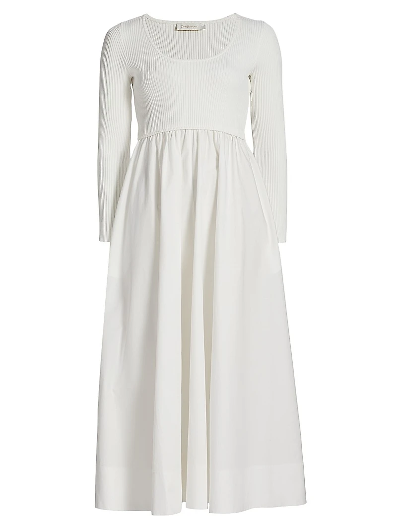 Scoopneck Mixed-Media A-Line Midi-Dress