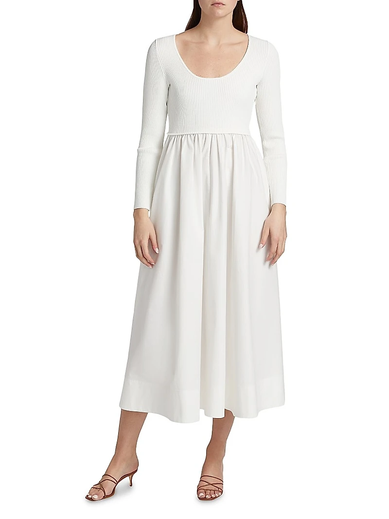 Scoopneck Mixed-Media A-Line Midi-Dress