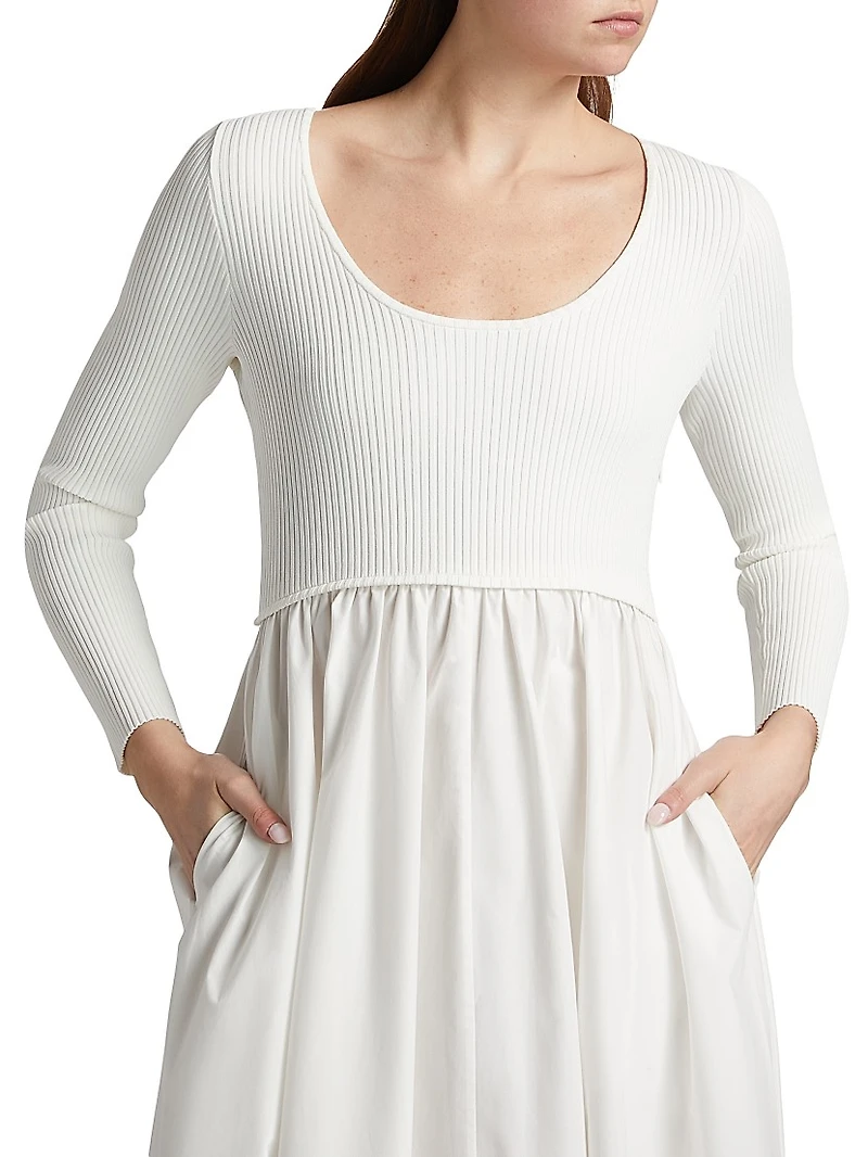 Scoopneck Mixed-Media A-Line Midi-Dress