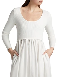 Scoopneck Mixed-Media A-Line Midi-Dress