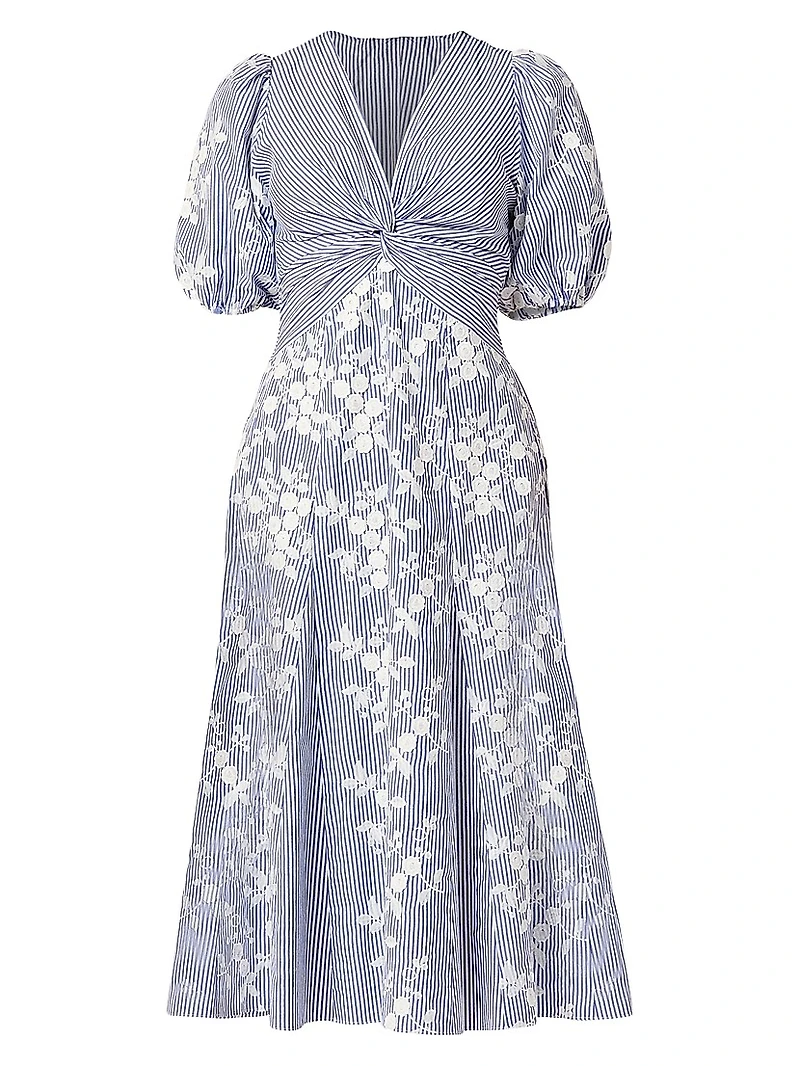 Dion Embroidered Puff-Sleeve Midi-Dress